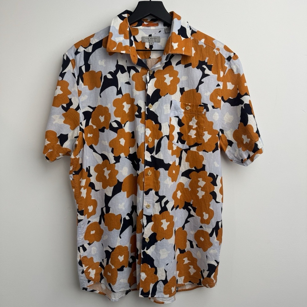 Ted Baker London Button Up Shirt Mens XL 5 Orange Linen Blend Abstract Floral